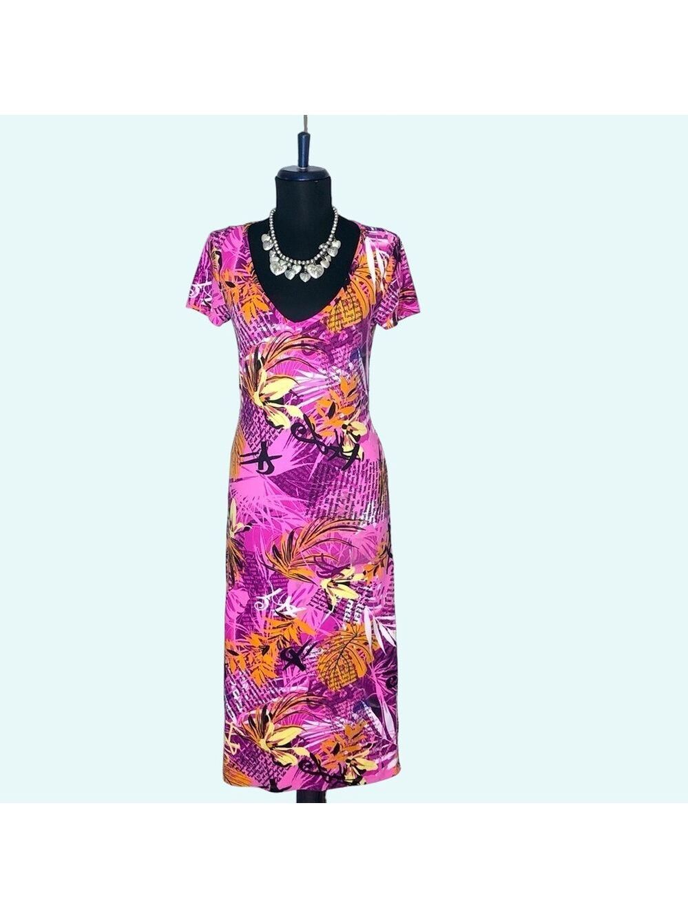 Vintage Y2K Newsprint Tropical Flower midi dress Bodycon boho fairy festival M